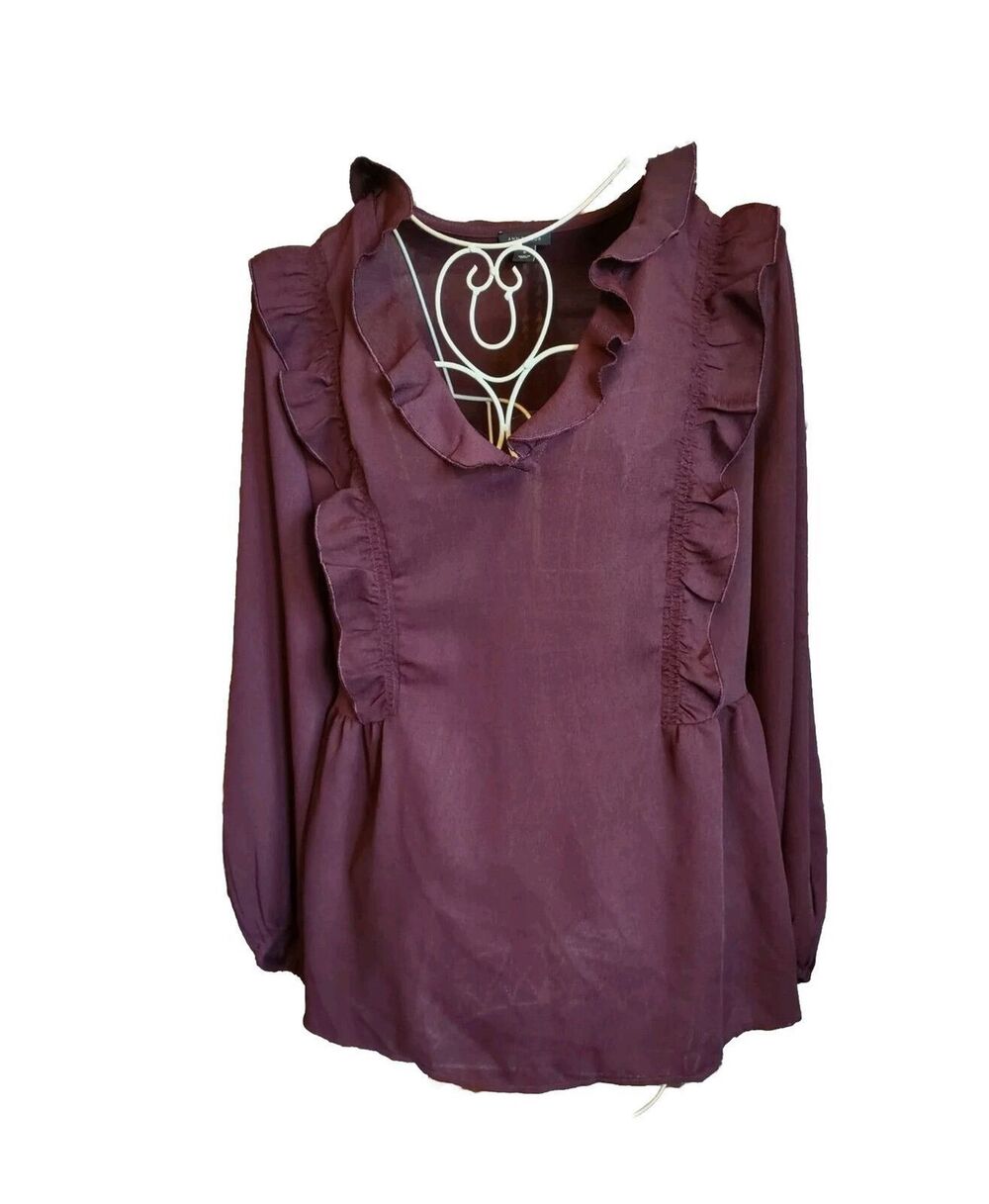 Sz Med Ann Taylor Loft Burgundy Top Blouse Ruffled LS Babydoll